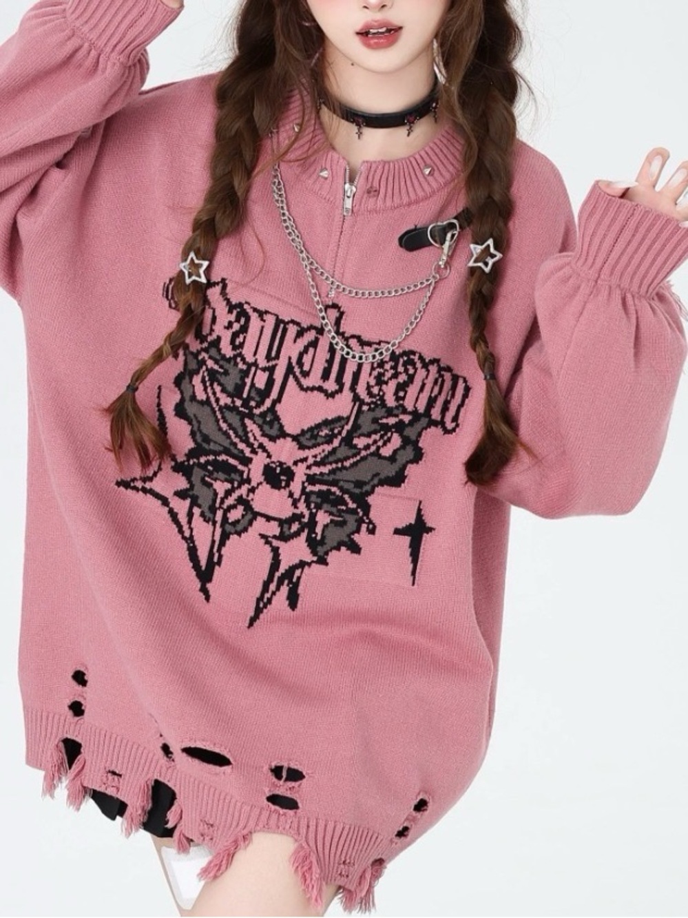 Pink Knit Pullover Sweater gothic hole distressed sweater Medium Whimsigoth punk